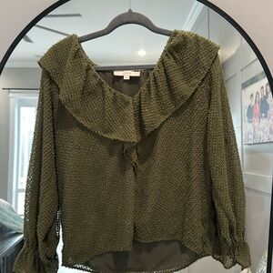 Olive green V neck with gold woven threads